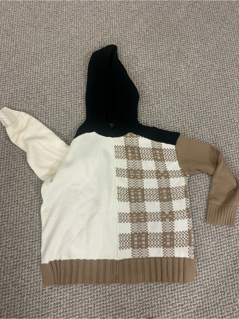 Central Park West Neutral Colorblock & Plaid Hooded Sweater - White, Tan & Black